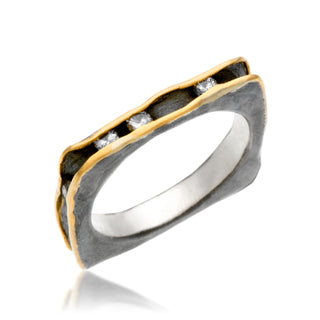 Square stack. Oxidized silver, 18k yellow gold edge. 4-5pt diamonds channel set