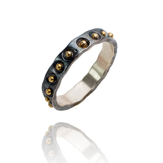 Single line ball ring in Oxidized silver, 18k gold balls