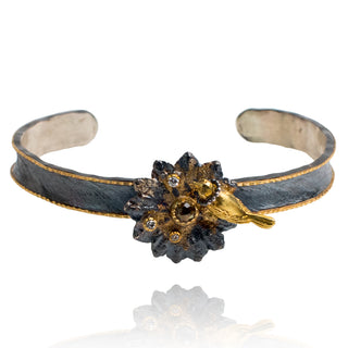 Flower and bird bracelet in Oxidized silver, 18k gold
