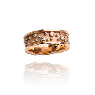 14k pink gold 7mm ring with 6-2pt diamonds set in 14k white gold