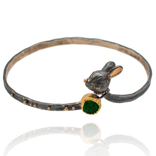 Bunny bracelet, oxidized silver, 18k yellow gold, green drusy