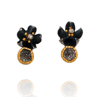 Seed pod/ drusy earrings, oxidized silver, 18k yellow gold, diamonds