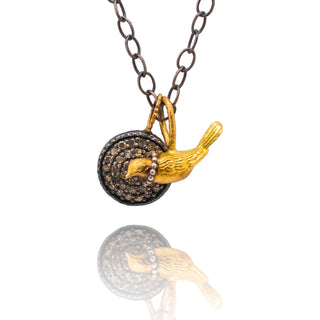 Bird diamond charms, oxidized silver, 18k yellow gold chain