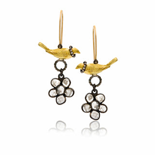 Bird and Flower Earrings in 14 k gold