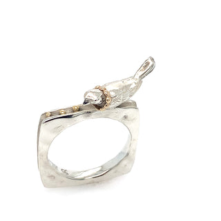 Square angled sterling silver bird ring with necklace