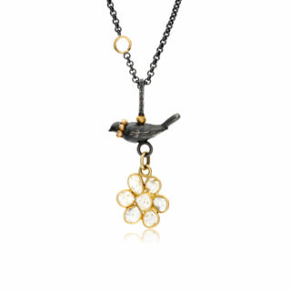 bird necklace in oxidized silver, yellow gold, diamond slice,