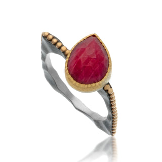 Pear Cut Ruby on an oxidized sterling silver square band