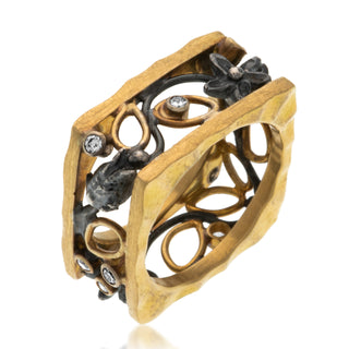 square floral open band ring in 18k