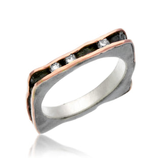 Square stack ring in Oxidized silver and gold edge