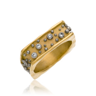 Thin wide square, 18k yellow,  9-3pt diamonds scattered 14k gold balls