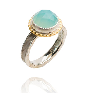 Aqua blue chalcedony ring in sterling silver, 18k yellow gold