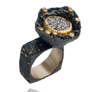 Coral ring, oxidized silver, 18k gold, diamonds, drusy.