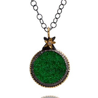 Green drusy 20mm. oxidized silver, 18k gold, diamond, 18” chain.