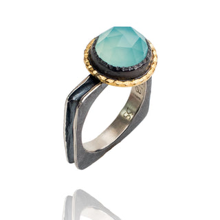 Aqua blue chalcedony, oxidized silver and gold ring
