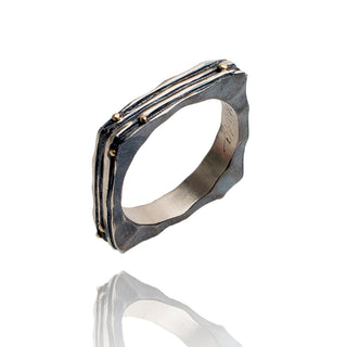 Square branch. Oxidized silver, 14k pink gold balls
