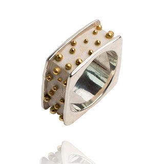 Wide Square ring in Sterling silver, scattered 18k gold balls