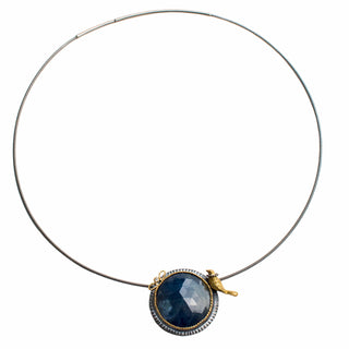 Blue sapphire necklace, oxidized silver, 18k gold and 3pt diamond.