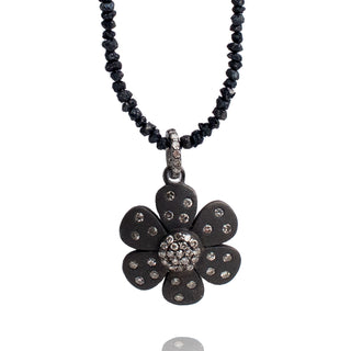 Black diamond beads with flower pendant, oxidized silver and diamonds