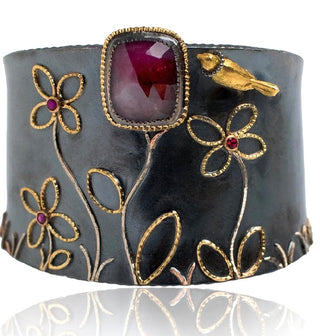Gold bird with Ruby flowers cuff
