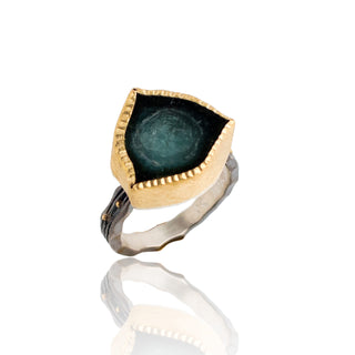 Blue green tourmaline ring in oxidized silver and 18k gold