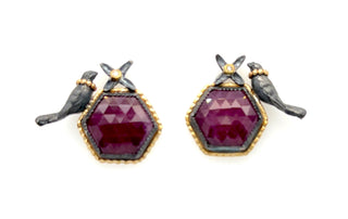 Ruby, bird and flower earrings