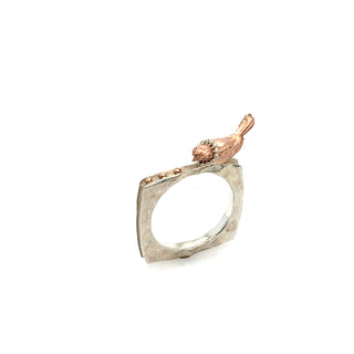 Square ring with angled 14k pink gold bird with necklace  and pink gold balls
