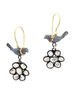 Oxidized Silver Bird / Flower Earrings