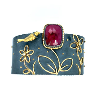 Gold bird with Ruby flowers cuff