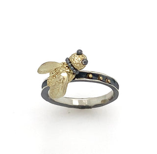 18k Bee Stack Ring, oxidized sterling silver round ring with 18k gold Bee